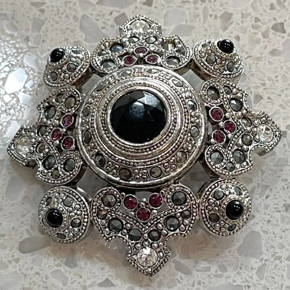 Vintage STAMPED Monet MARCASITE Rhinestone Brooch